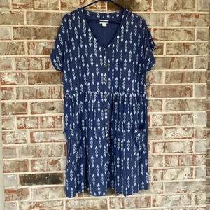Payton & Parker Blue Tribal Print V-neck Button Up Casual Dress